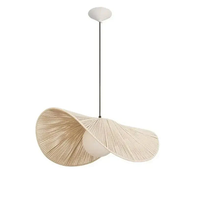 Vintage off-white cotton rope hat pendant lights with a flowing cream woven shade and sleek black stem for bedroom decorbites