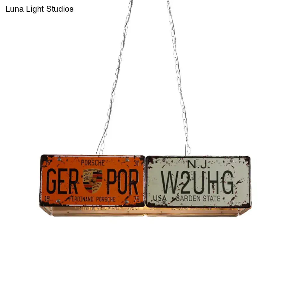 Rustic industrial rectangle island ceiling light with vintage orange and white license plates for dining room use