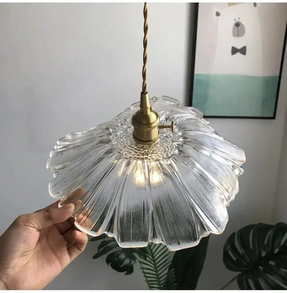 Vintage petal glass pendant light with clear glass shade, brass-finished metal fixture, twisted cord pendant, bulb included