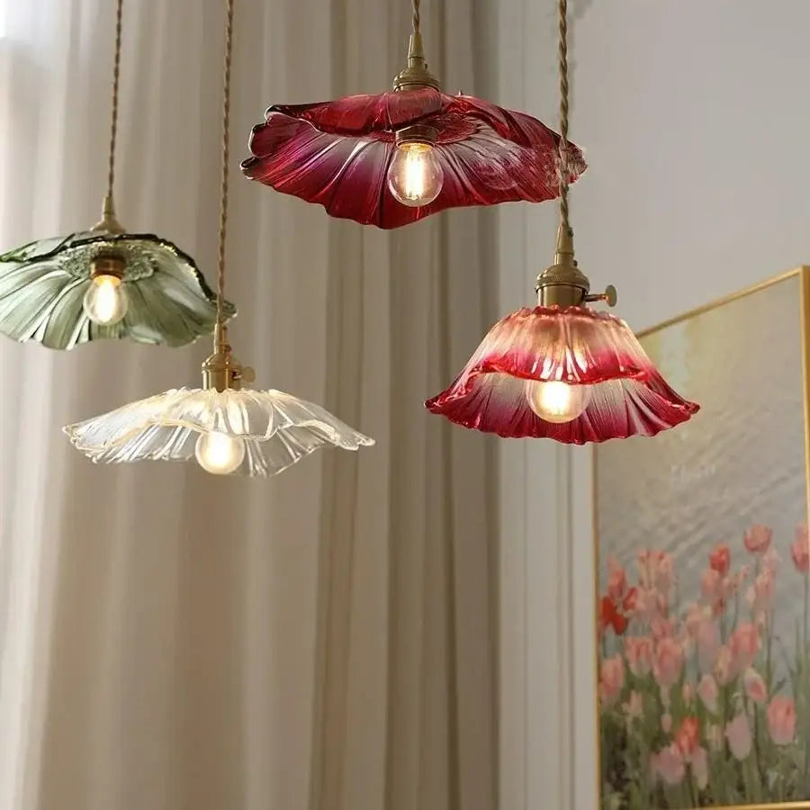 Three vintage petal glass pendant lights in red green and clear with led bulb included for dining room use