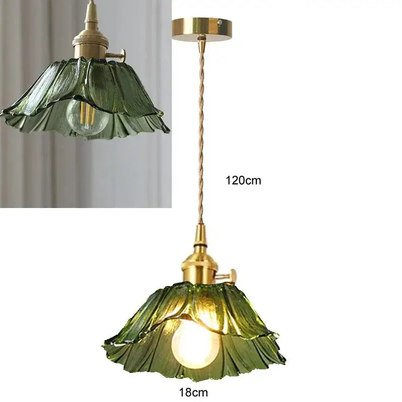 Vintage petal glass pendant light with green flower-shaped glass, brass hardware, twisted cord, and led bulb included