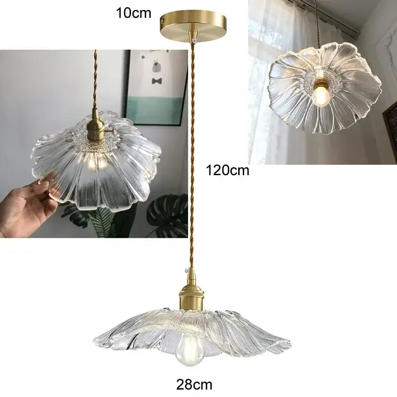 Clear glass flower-shaped vintage petal pendant light with brass finish and led bulb included for dining room use