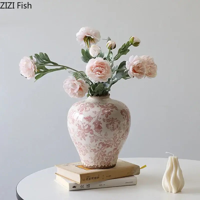 A vintage pink floral cracked texture porcelain vase with light pink peonies for living room decorbites cracked texture decor