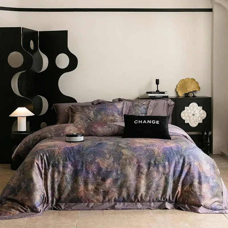 The bedding set features a vintage purple floral 1000tc egyptian cotton duvet with iridescent satin-like fabric finish