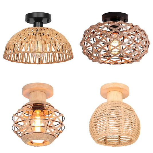 Vintage rattan and wood woven hemp rope ceiling light fixture with exposed bulb for dining room decorbites handmade hemp