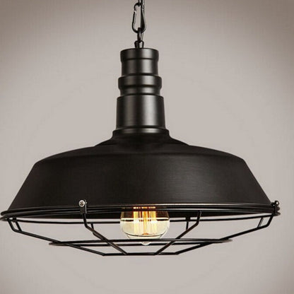 Black vintage retro ceiling lamp with metal cage frame and exposed bulb for living rooms and industrial decor