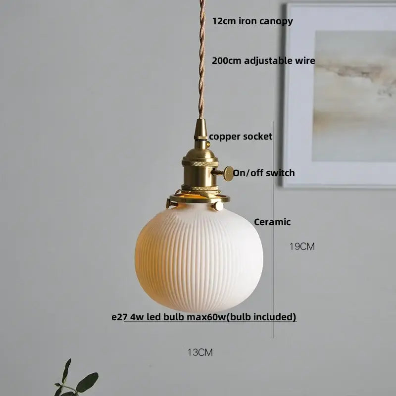 Vintage ribbed ceramic wood led pendant lights featuring a white ribbed ceramic globe and brass-finished copper socket by decorbites