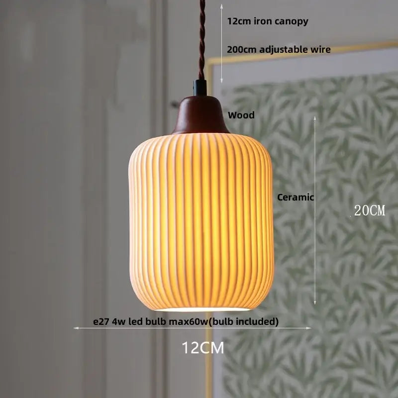 Vintage ribbed ceramic wood led pendant lights with warm tones vertical ridges wooden canopy iron wire suspension