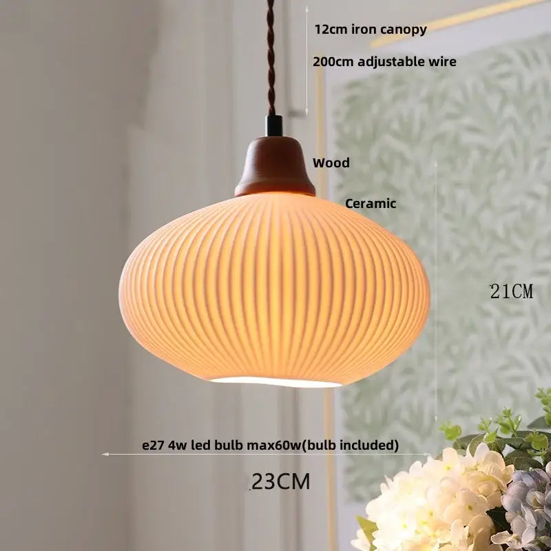 Warm-toned vintage ribbed ceramic wood led pendant lights with vertical ridges and iron wire suspension for dining decorbites