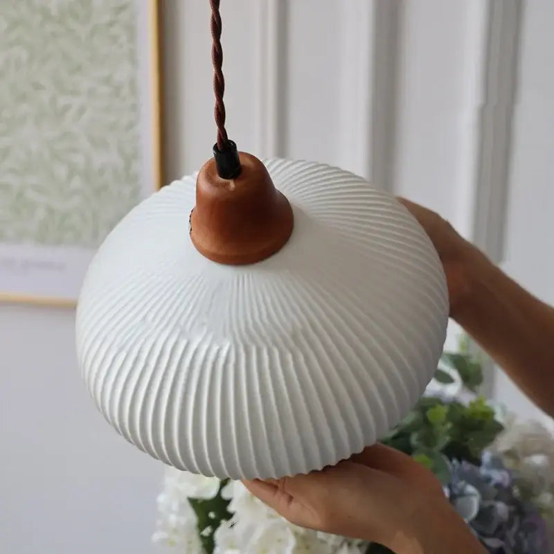 Vintage ribbed ceramic wood led pendant lights with white ribbed ceramic shade and warm brown wooden finial by decorbites