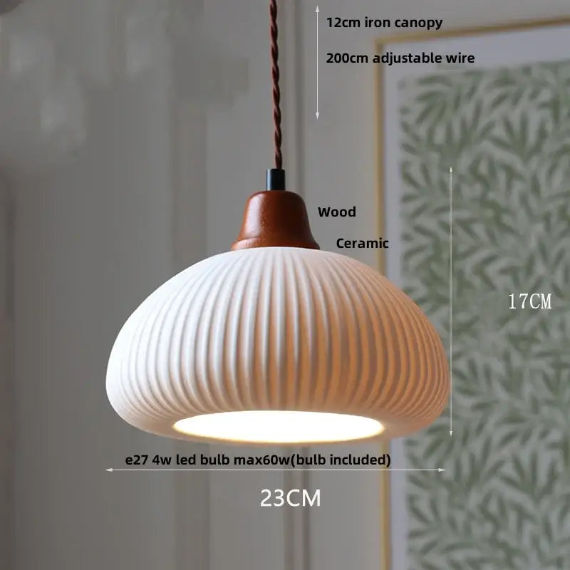 White ribbed ceramic wood led pendant light with wooden top and iron canopy for vintage dining room decorbites pendant lights