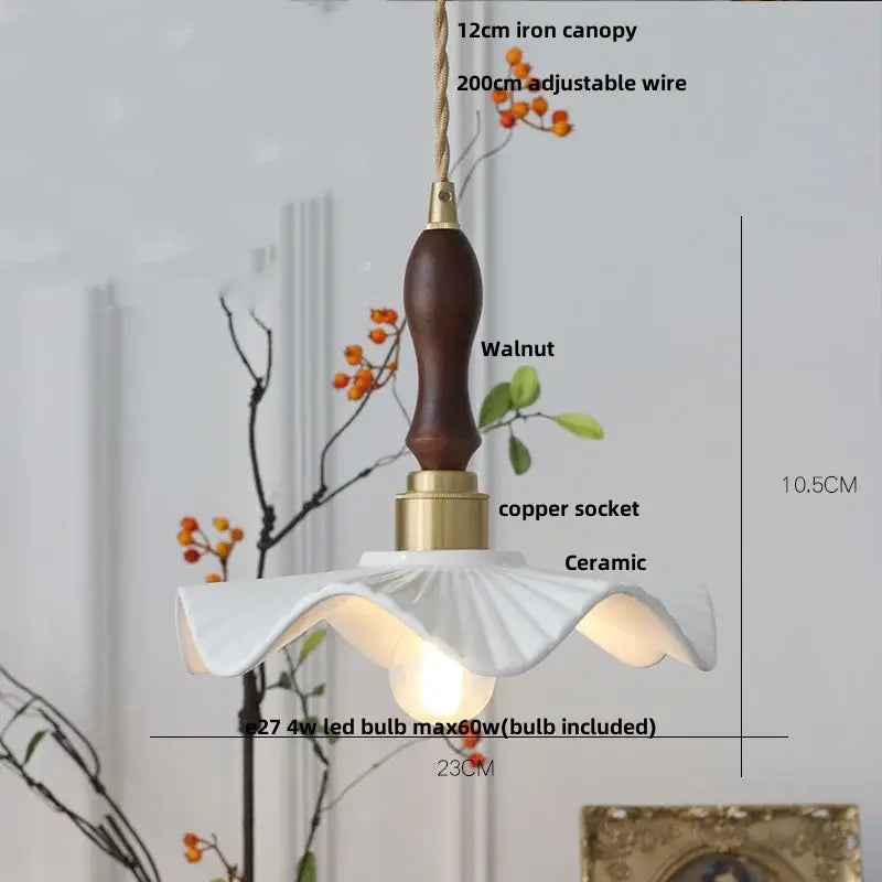 White ceramic pendant light with fluted petal design and dark walnut wooden handle from decorbites ceramic wood led set