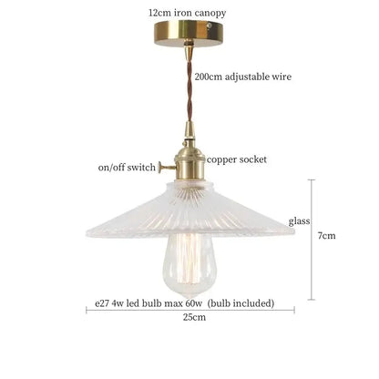 Vintage ribbed clear glass led pendant light with brass fixture copper socket and decorbites clear glass shade for kitchen