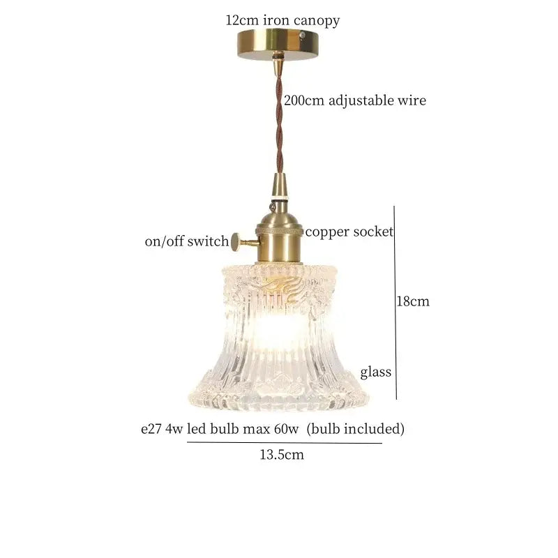 Vintage ribbed clear glass led pendant light with brass iron canopy copper socket and 18cm fluted shade by decorbites
