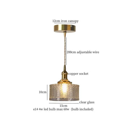 Vintage pendant light with brass iron canopy, adjustable copper wire, and decorbites clear glass led wave shade