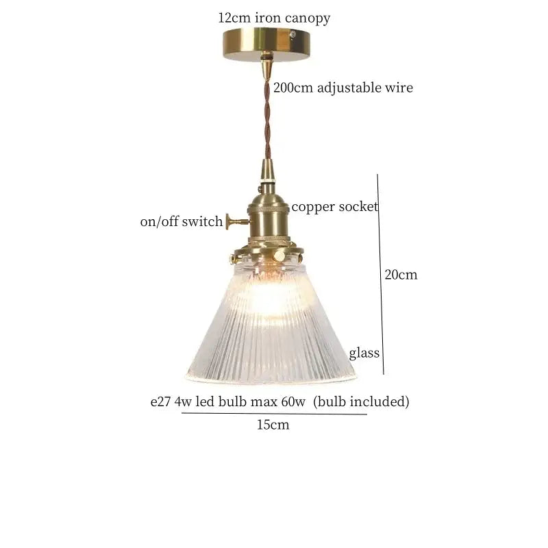 Vintage ribbed clear glass led pendant light with brass fixture copper socket and decorbites clear glass shade