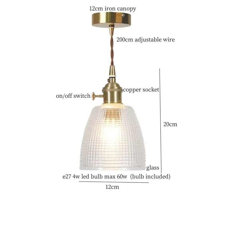Vintage ribbed clear glass led pendant light with copper socket and brass iron canopy for decorbites clear glass lighting