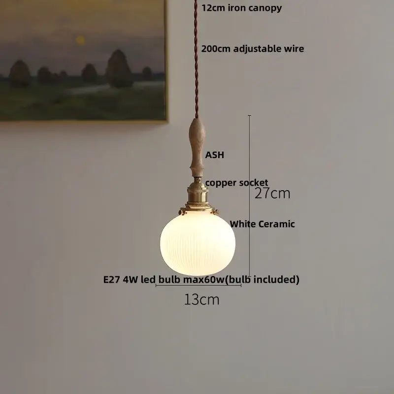 White ceramic led pendant light with wooden handle and brass copper socket for kitchen decorbites ceramic led lighting