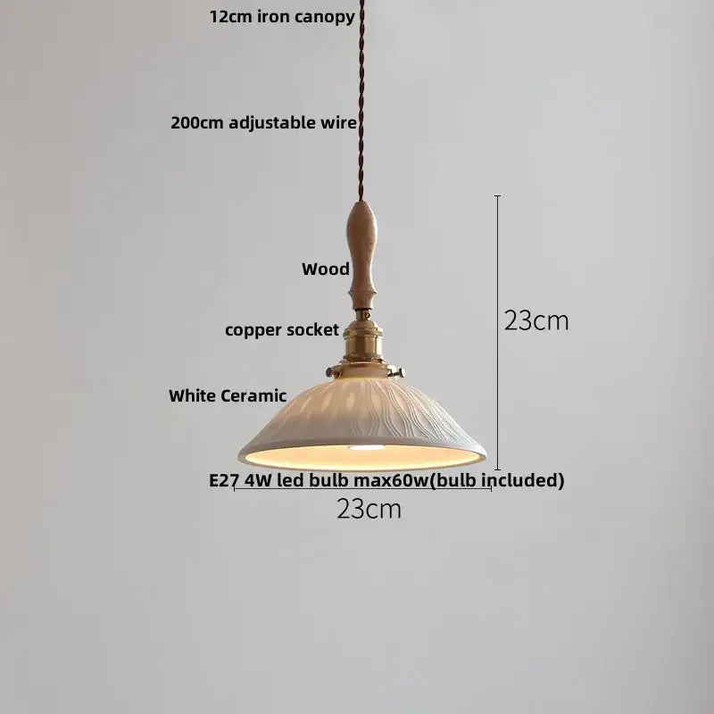 Vintage ribbed ceramic led pendant light with white textured ceramic shade copper socket and wooden handle decorbites pendant lights