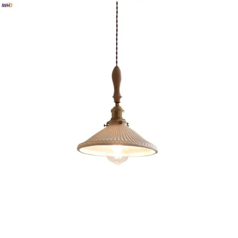 Vintage ribbed glass and wood pendant light with warm wood handle brass hardware off-white shade decorbites ceramic led