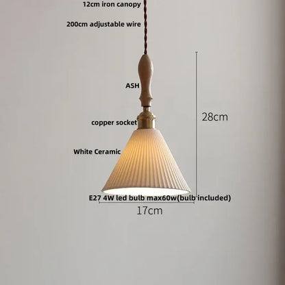 A warm-toned white ceramic led pendant light with fluted design and ash wood canopy from decorbites ceramic led