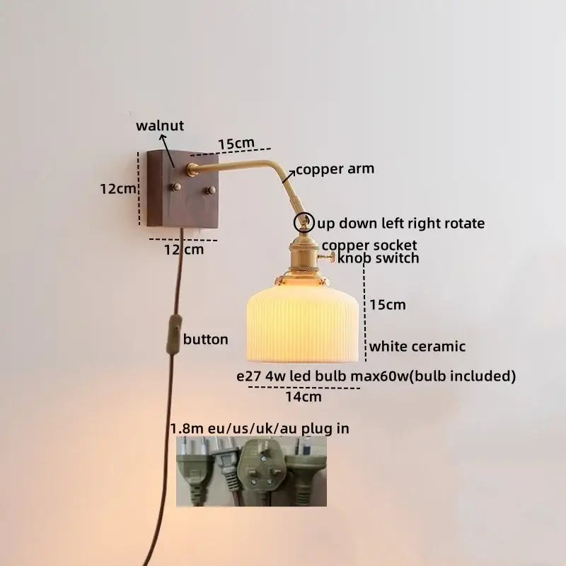 Vintage ribbed glass ceramic copper led wall lamp with walnut base white ceramic shade decorbites ceramic copper wall lamps