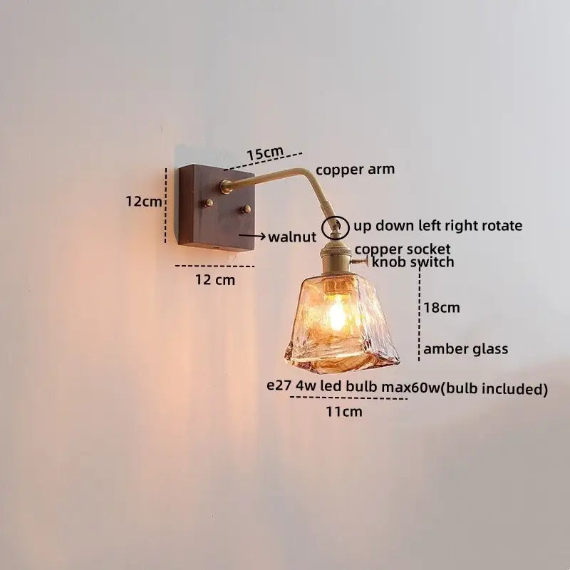 Antique brass-finished copper wall lamp with faceted amber ribbed glass shade for decorbites ceramic copper led lighting