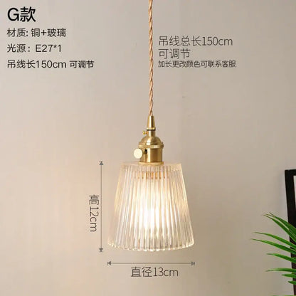 Vintage ribbed glass copper pendant light with brass finish and adjustable 150cm cord for kitchen dining room