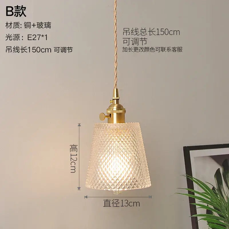 Vintage ribbed glass copper pendant light with a brass finish and textured diamond pattern shade for kitchen or dining room