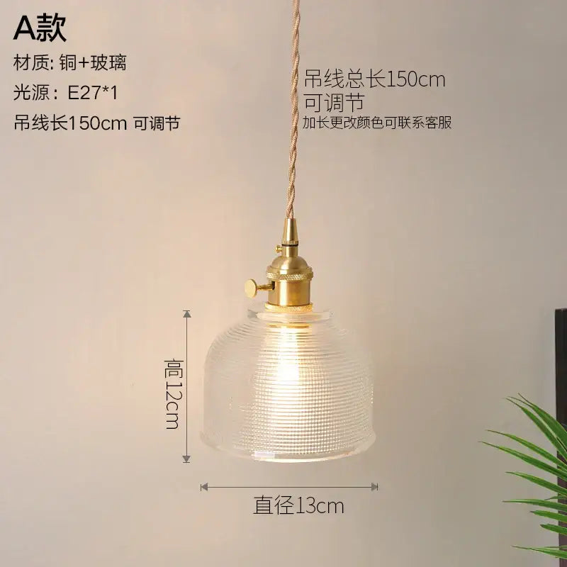 Vintage ribbed glass copper pendant light with clear textured glass and brass finish for kitchen or dining room
