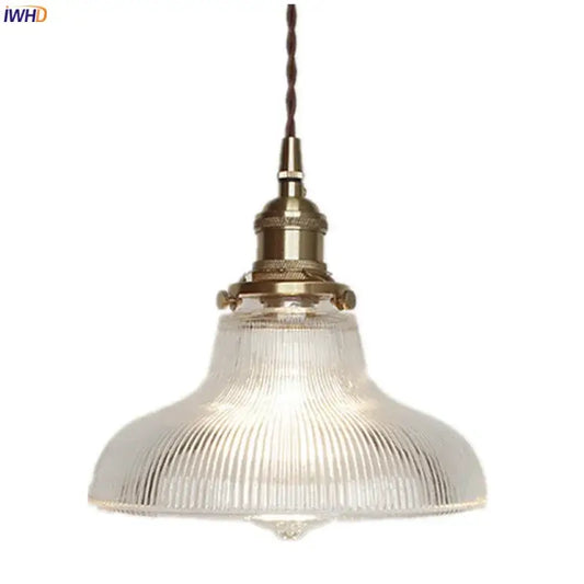 Vintage-style glass copper pendant light with clear ribbed shade, ideal for kitchen and dining room lighting