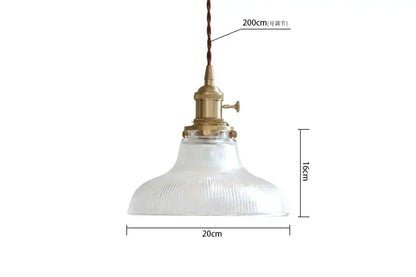 Vintage ribbed glass copper pendant light with clear glass, brass fixture, and adjustable braided cord for kitchen or dining room