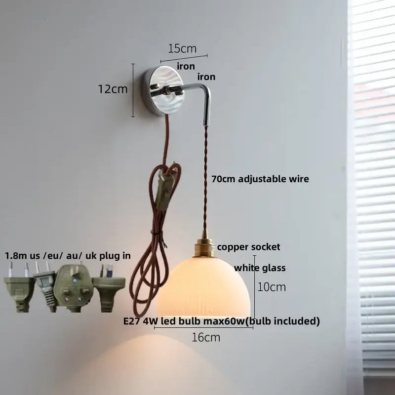 Vintage ribbed opal glass wall lamp with decorbites ceramic canopy led featuring polished iron bracket and adjustable copper wire