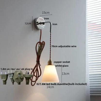 Vintage ribbed opal glass wall lamp with polished iron bracket and copper wire featuring decorbites ceramic canopy led