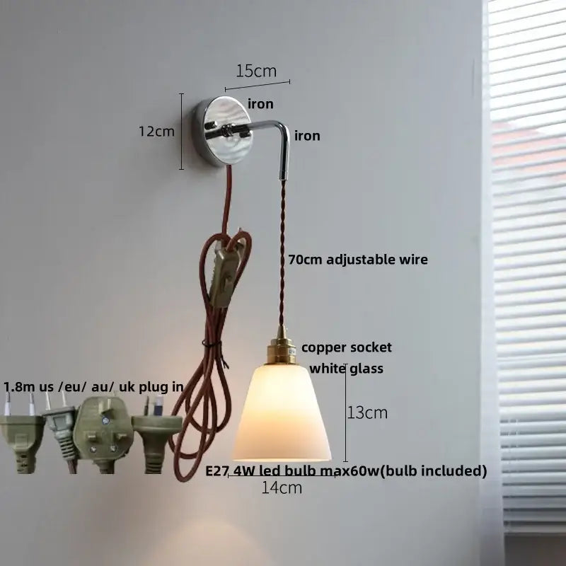 Vintage ribbed opal glass wall lamp with polished iron bracket and copper wire featuring decorbites ceramic canopy led