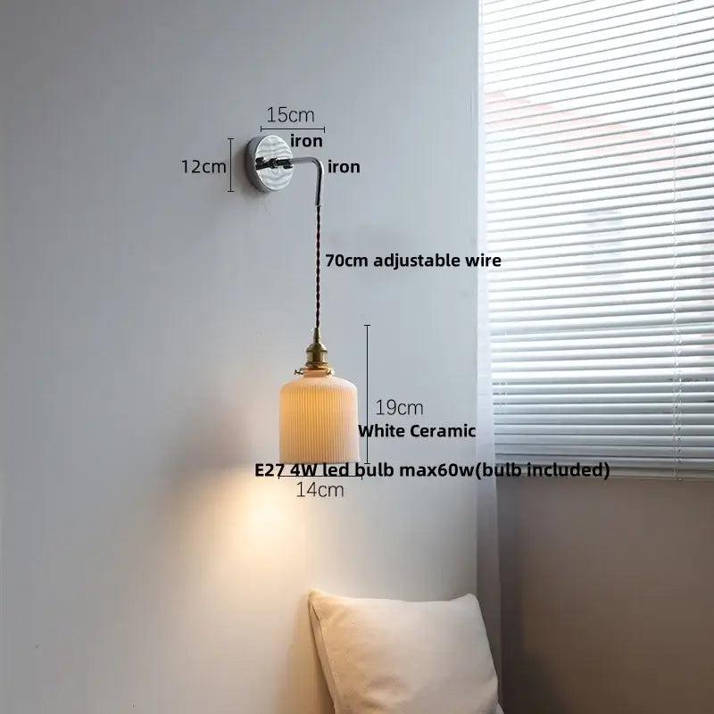 Vintage wall lamp with white ceramic canopy led shade, brass accents, and iron bracket for bedroom decorbites ceramic canopy