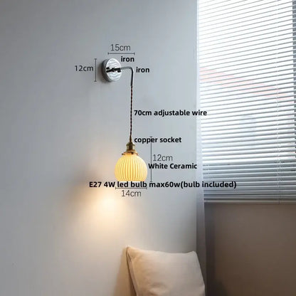 Vintage ribbed opal glass wall lamp with white ceramic canopy and adjustable copper socket for decorbites ceramic canopy led lighting