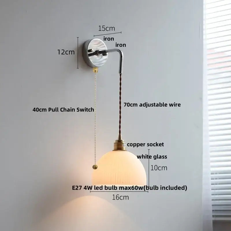 Vintage wall lamp with white ribbed opal glass shade and copper socket featuring decorbites ceramic canopy led design