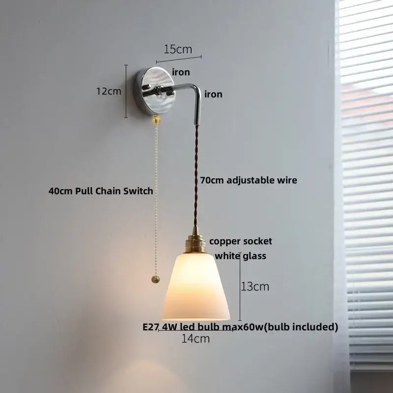 Vintage wall lamp with polished iron bracket, adjustable copper wire, and white ribbed opal glass shade decorbites ceramic canopy led