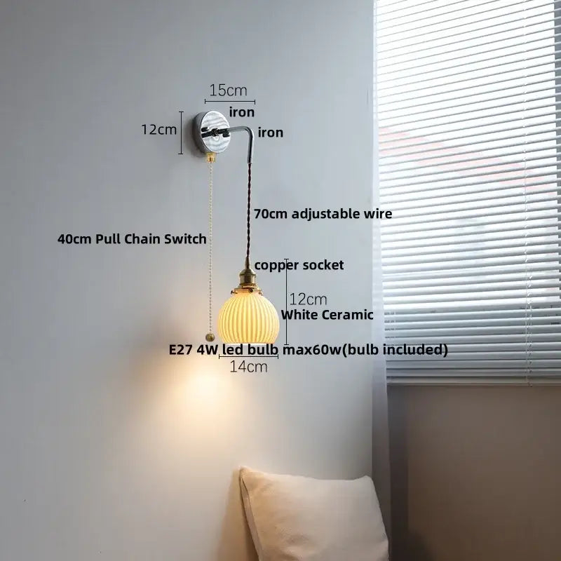 White ceramic wall lamp with ribbed opal glass shade brass accents and adjustable copper wire decorbites ceramic canopy led