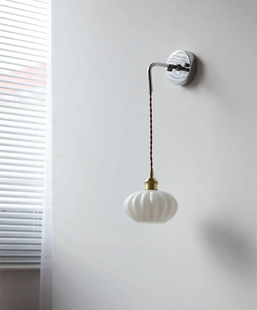Vintage wall lamp with white ribbed opal glass, brass fixture, and decorbites ceramic canopy led for bedroom decor