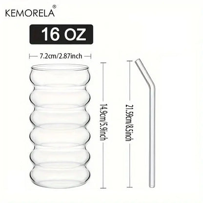 Clear glass vintage ribbed wave shape beverage tumbler with segmented design and matching clear curved straw