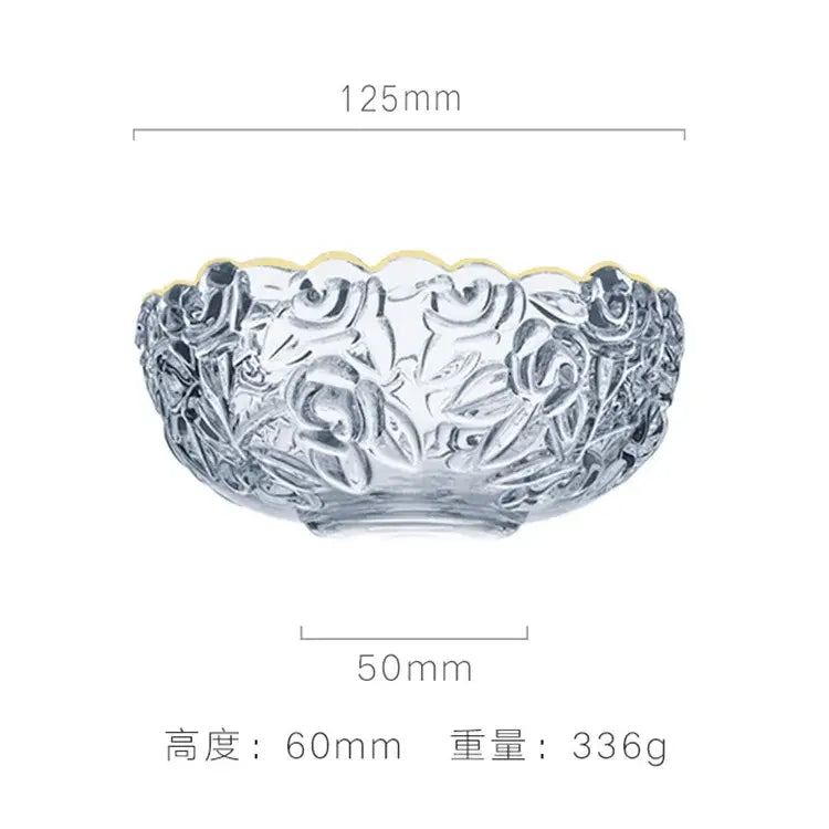 Vintage rose etched glass salad bowl with intricate floral embossing and a gold-trimmed rim for dining room use