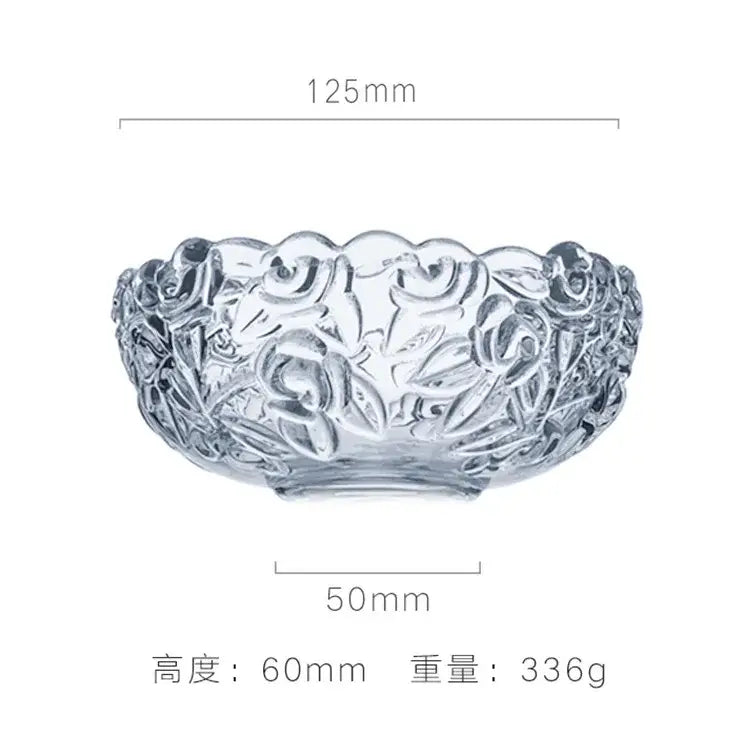 Vintage clear glass salad bowl with intricate rose and leaf embossing and gold rim for elegant dining use