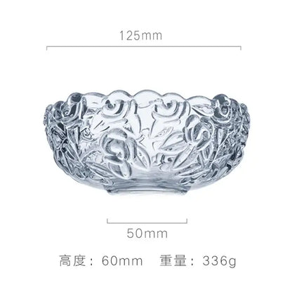 Vintage clear glass salad bowl with intricate rose and leaf embossing and gold rim for elegant dining use