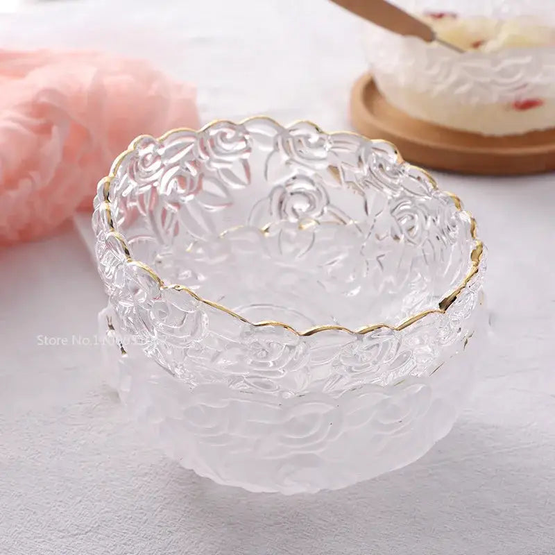 Vintage rose etched glass salad bowl with intricate rose etchings and a delicate gold rim for dining room use