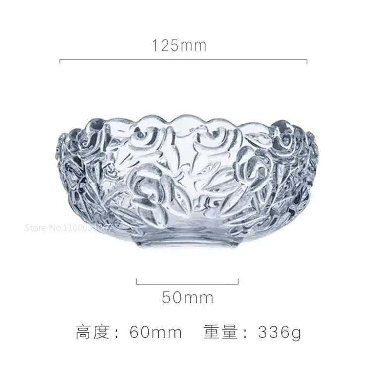 Vintage rose etched glass salad bowl with gold rim featuring clear glass and intricate floral embossing for dining room use