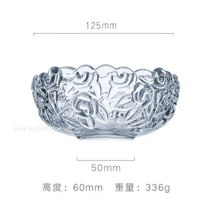 Vintage rose etched glass salad bowl with gold rim featuring clear glass and intricate floral embossing for dining room use