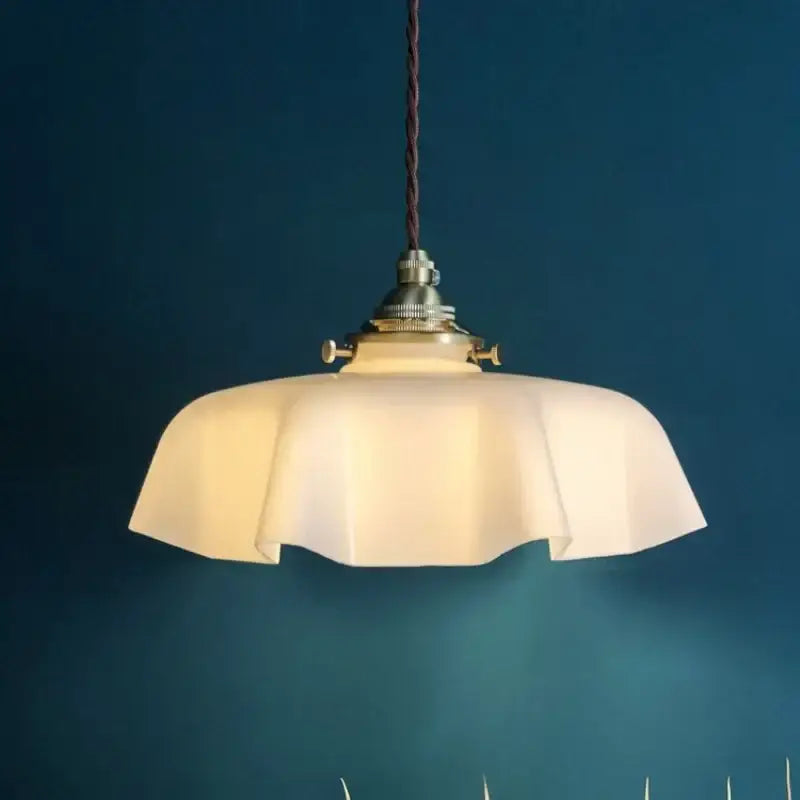 Vintage cream glass copper pendant lamp with ruffled design brass fixture and dark brown cord for kitchen decorbites decor