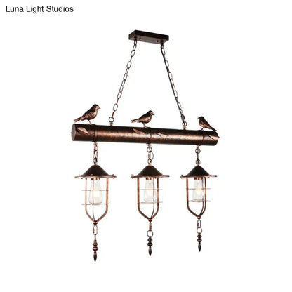Bronze finished rustic chandelier with three caged shade lanterns and decorative birds for e26 e27 bulb base lighting